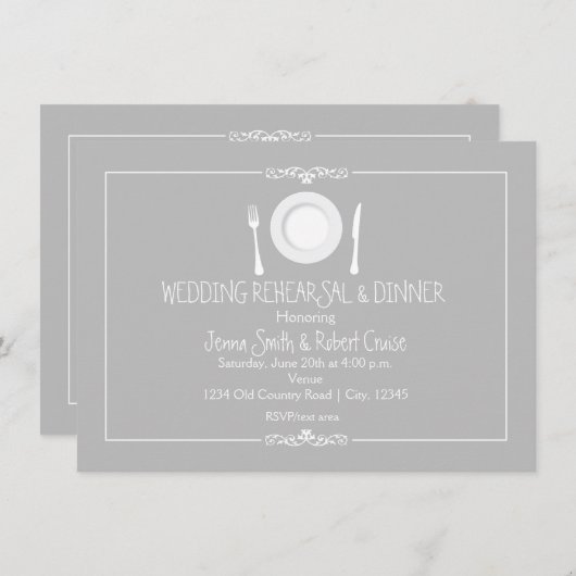 Grey Elegant Mariage Répétition Dîner Invitation (Devant / Derrière)