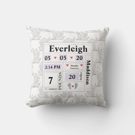 Grey Elephant Pattern Baby Aankondiging Stats PRPL Kussen (Voorkant)