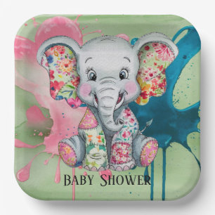 Grey Elephant Sewn Floral Patchwork Baby shower Papieren Bordje