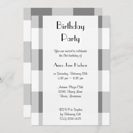 Grey Gingham, Geometric Pattern, Birthday Party Kaart (Voorkant / Achterkant)