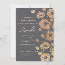 Grey Glitter-Like Poppy Flower Invitation Kaart