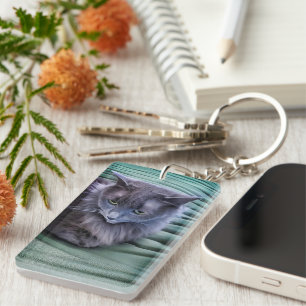 Grey Green Eyed Cat Acryl Sleutelhanger