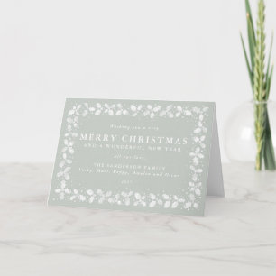 Grey Green Hand Printed Holly + Berries Border Feestdagen Kaart