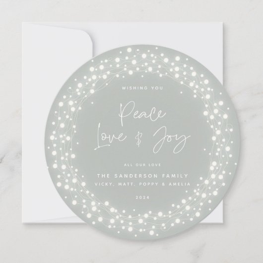 Grey-Green Peace Love+Joy Script Sparking Lights Feestdagenkaart (Voorkant)