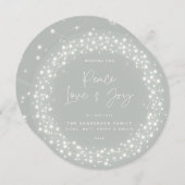 Grey-Green Peace Love+Joy Script Sparking Lights Feestdagenkaart (Voorkant / Achterkant)
