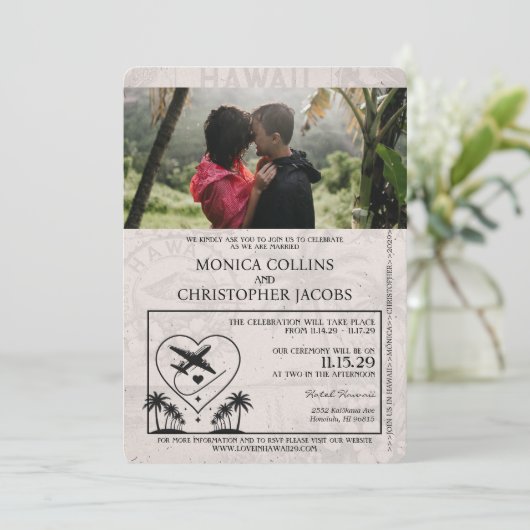 Grey Hawaii Passport bruiloft uitnodiging (Staand voorkant)