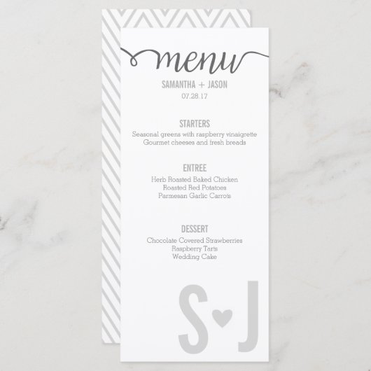 Grey Hearts & Chevron Bold Lettres Menu Mariage (Devant / Derrière)