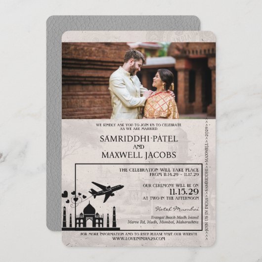 Grey India Passport bruiloft uitnodiging (Voorkant / Achterkant)