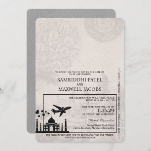 Grey India Passport bruiloft uitnodiging