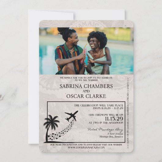 Grey Jamaica Passport bruiloft uitnodiging (Voorkant)