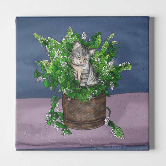Grey Kitten in Bucket of Catnip Canvas Afdruk