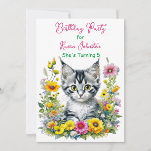 Grey Kitten Theme Floral Girl's Verjaardagsfeest Kaart