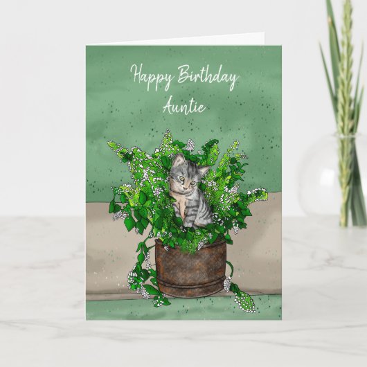 Grey Kitten zit in een Pot Catnip Birthday Kaart (Voorkant)