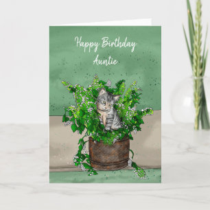 Grey Kitten zit in een Pot Catnip Birthday Kaart