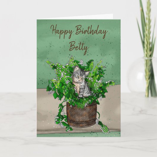 Grey Kitten zit in een Pot Catnip Birthday Kaart (Voorkant)