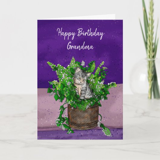 Grey Kitten zit in een Pot Catnip Birthday Kaart (Voorkant)
