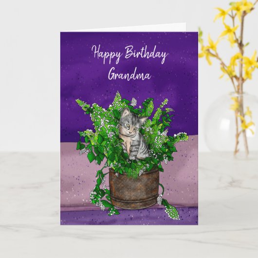 Grey Kitten zit in een Pot Catnip Birthday Kaart (Gele Bloem)