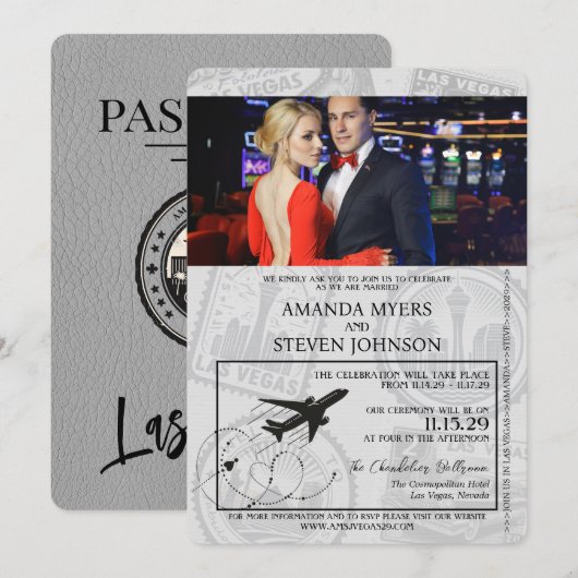 Grey Las Vegas Passport Wedding Kaart (Voorkant / Achterkant)