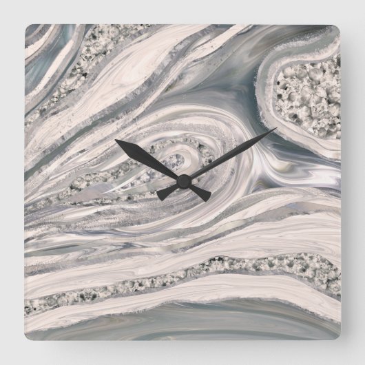Grey liquid marble and crystal - pearl and silver vierkante klok (Voorkant)