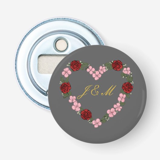 Grey magnetic with pink and red heart button flesopener (Voorkant)