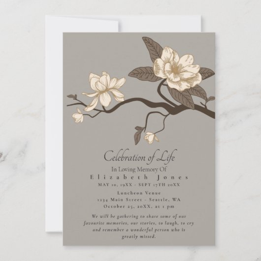 Grey Magnolia viering van het leven uitnodiging (Voorkant)