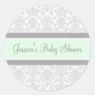 Grey Mint Damask Baby shower Favor Stickers