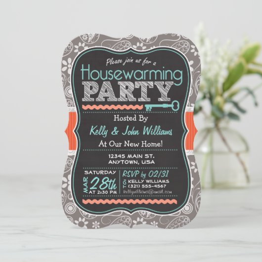 Grey Paisley; Chalkboard housewarming party Kaart (Staand voorkant)