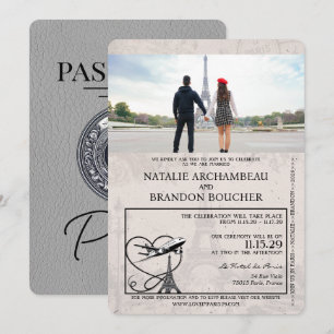 Grey Paris Passport Wedding Kaart