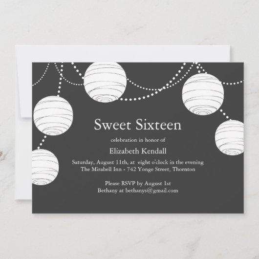 Grey Party Lantern Sweet 16 Invitation Kaart (Voorkant)