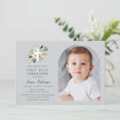 Grey photo arch first holy communion invitation (Debout devant)