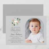 Grey photo arch first holy communion invitation (Devant / Derrière)