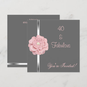 Grey Pink White Pearl Flower Fabulous 40th Party Kaart