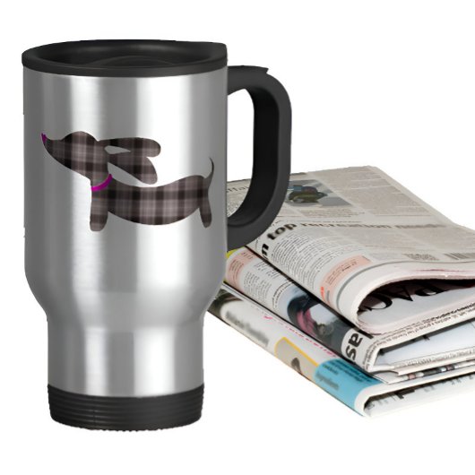 Grey Plaid Dachshund | Reizen Koffiemok Reisbeker