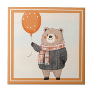 Grey Plaid Trui Beer met Oranje Plaid Sjaal Tegeltje