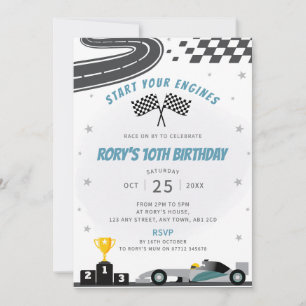 Grey Racing Car verjaardagsfeestje uitnodiging