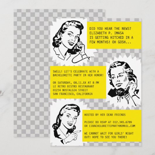 Grey Retro Gossip Gals Bachelorette Party nodigt u Kaart (Voorkant / Achterkant)