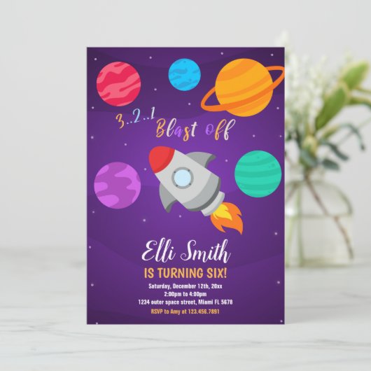 Grey Rocket Blast Off verjaardagsuitnodiging Kaart (Staand voorkant)