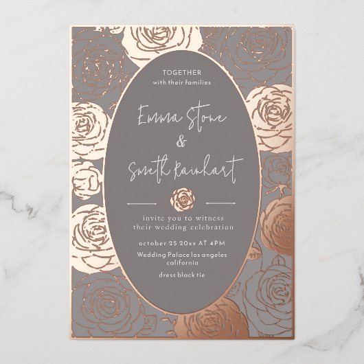 Grey Rozen bruiloft Folie uitnodiging (Voorkant)