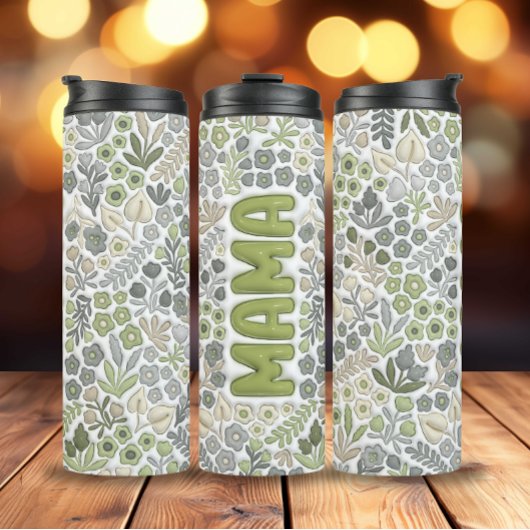 Grey Sage Boho Bloemen 3D Effect Mama Thermosbeker