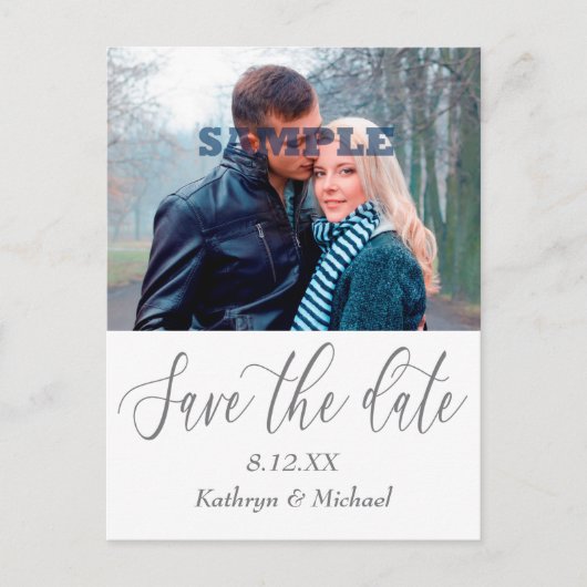 Grey Script Photo Template Sla de datum van de bru Briefkaart (Voorkant)
