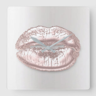 Grey Silver Kiss Lips Roze Rose Gold Metal Makeup Vierkante Klok