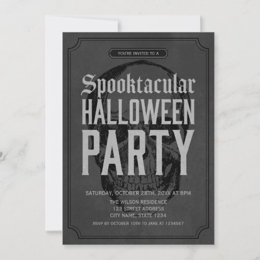 Grey Skull Spooktacular Halloween Party Invitation Kaart (Voorkant)