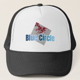 Grey Square with Red Stain and Blue Circle Text Trucker Pet