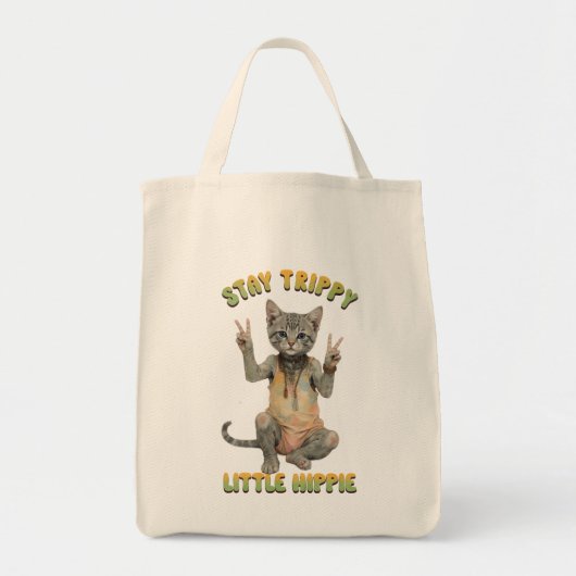 Grey Tabby Cat Boho Stay Trippy Little Hippie  Tote Bag (Voorkant)