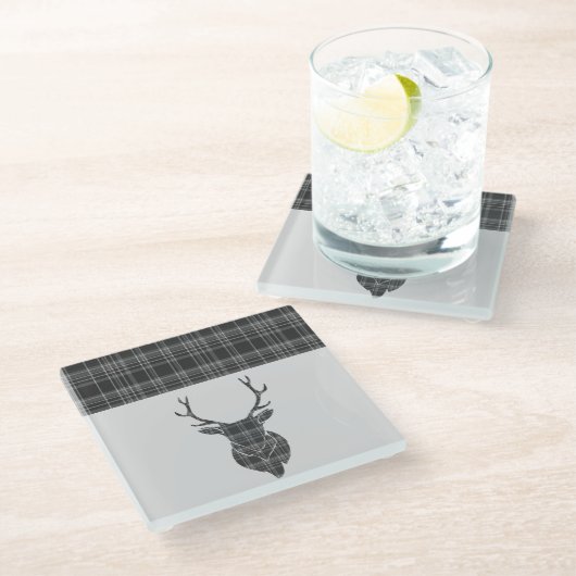 Grey Tartan Pattern Stag Glazen Onderzetter (Schuin)