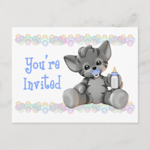 Grey Tiger Kitten Blue Baby shower Invitation Uitnodiging Briefkaart