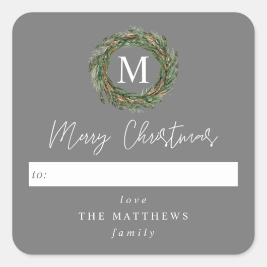 Grey to Wreater Monogram Merry Kerstmis Vierkante Sticker (Voorkant)