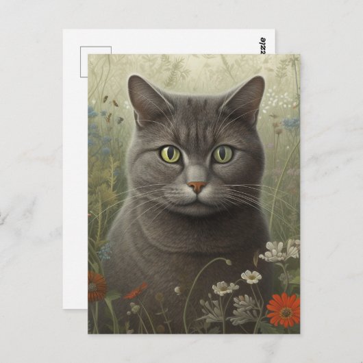 Grey Tom Cat in een bloementuin Briefkaart (Voorkant / Achterkant)