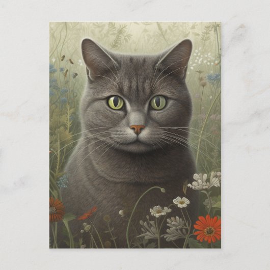 Grey Tom Cat in een bloementuin Briefkaart (Voorkant)
