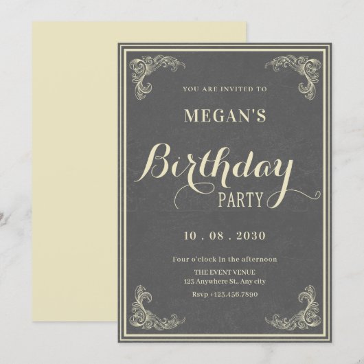 Grey vintage elegant birthday kaart (Voorkant / Achterkant)